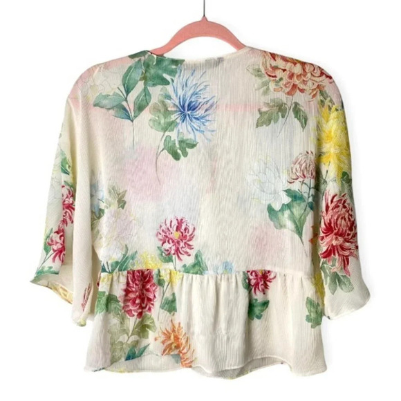 Zara  Basic Ivory Floral Lace Up Peplum Blouse - Picture 3 of 8